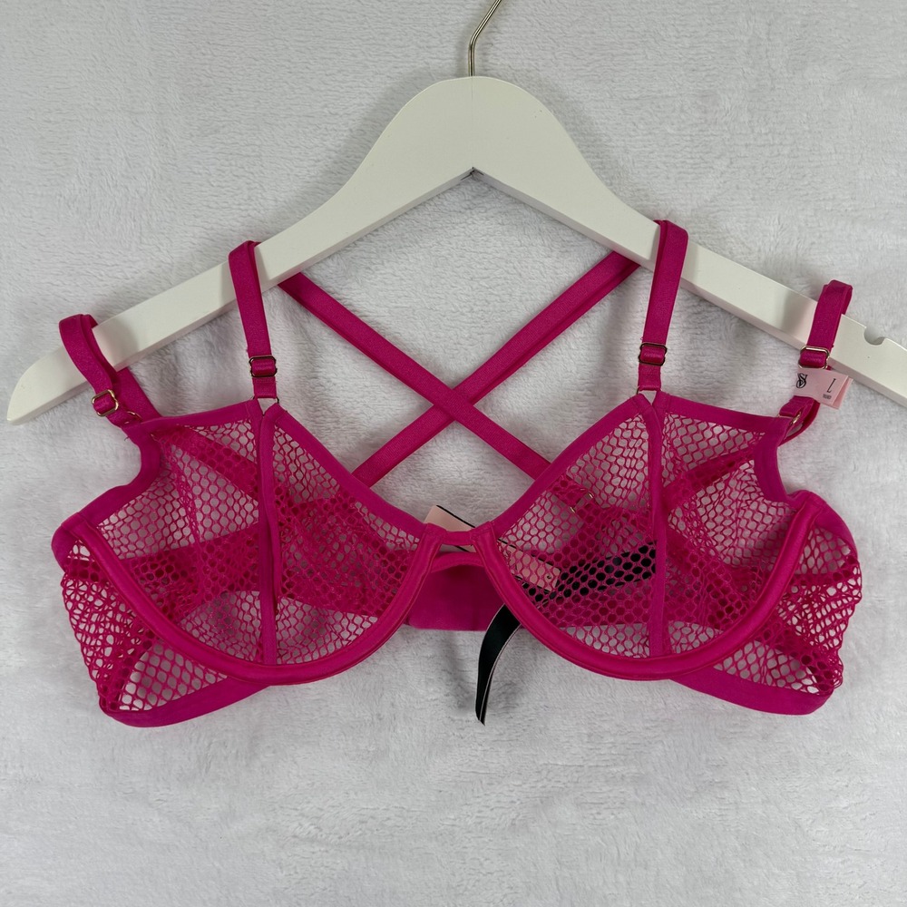 Victoria's Secret Very Sexy Low Cut Demi Unlined Fishnet Mesh Bra Pink Large NEW